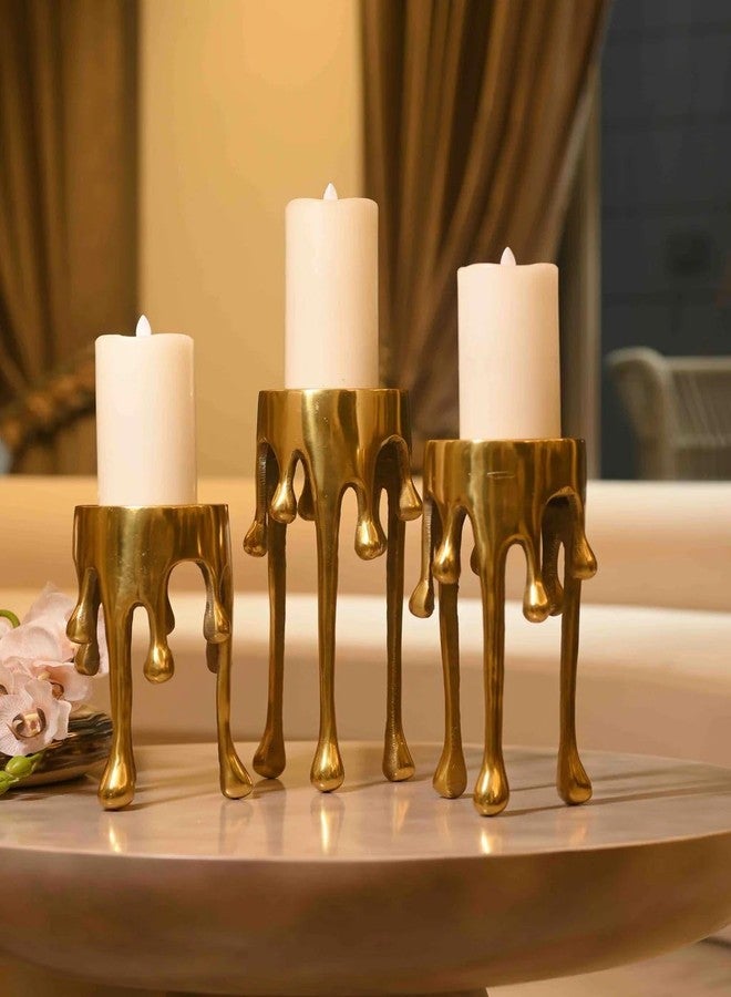ZOVE Luxurious Gold Drip Design Aluminium Metal Candle Holder Set (Set of 3) - Modern Decorative Stand for Pillar Candles | Home, Living Room & Table Decor - Image 4